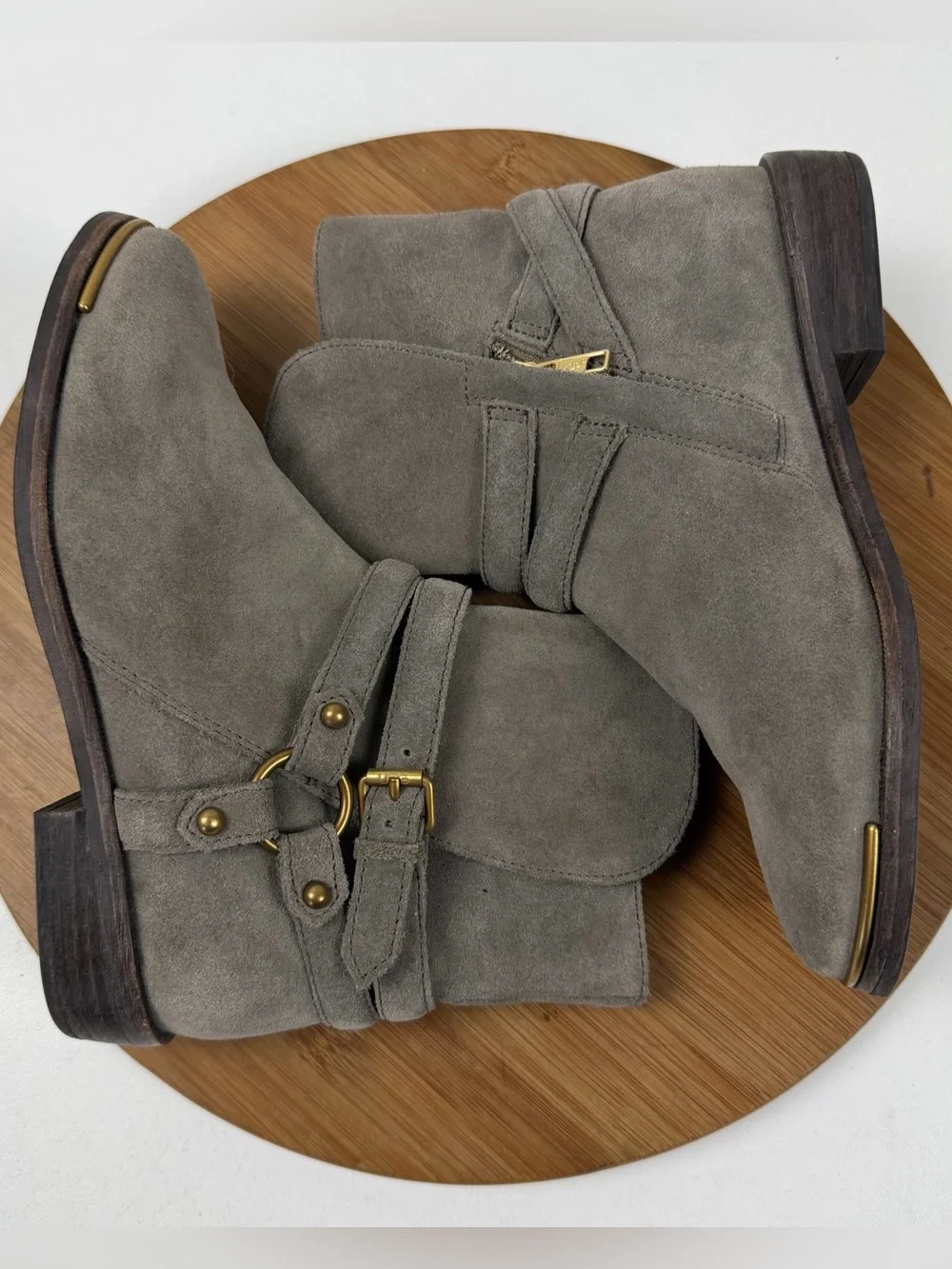 UGG Taupe Suede Harness Ankle Boots with Brass Accents